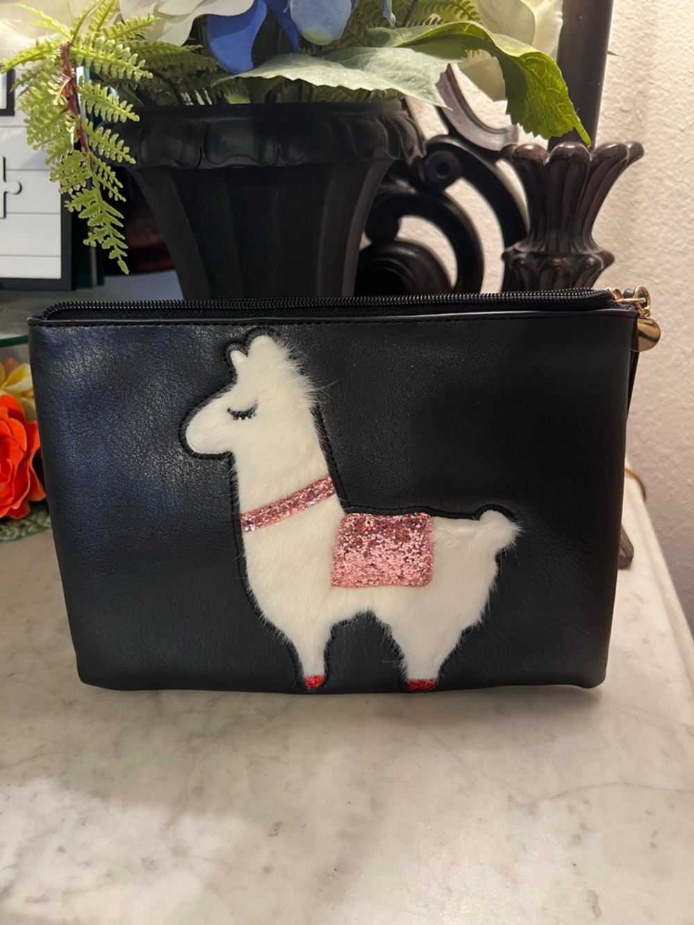 Black Faux Leather Pouch with White Llama fur and Pink Sequin Saddle